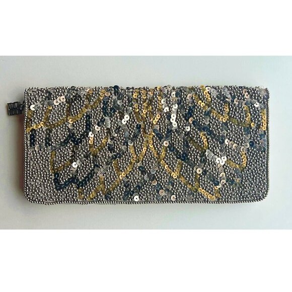BCBG Trending Elegant Evening Party Clutch Silver Gold Beads Sequins NWOT - Picture 2 of 6